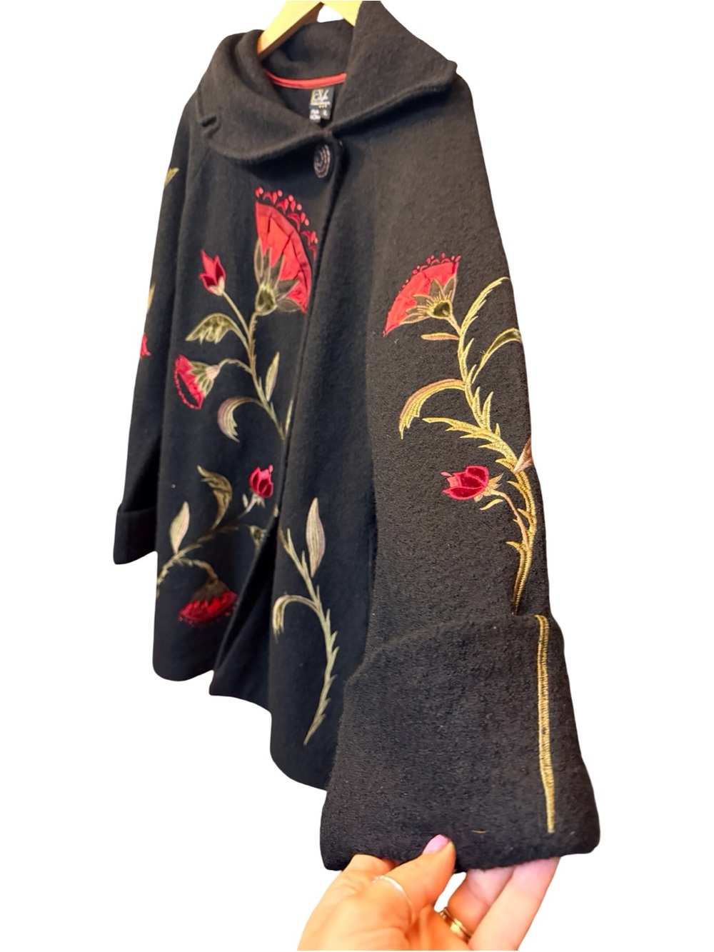 Gorgeous Statement Floral Embroidered Covelo Art Wear Black Wool Coat 🌹 Sz L - Picture 4 of 16